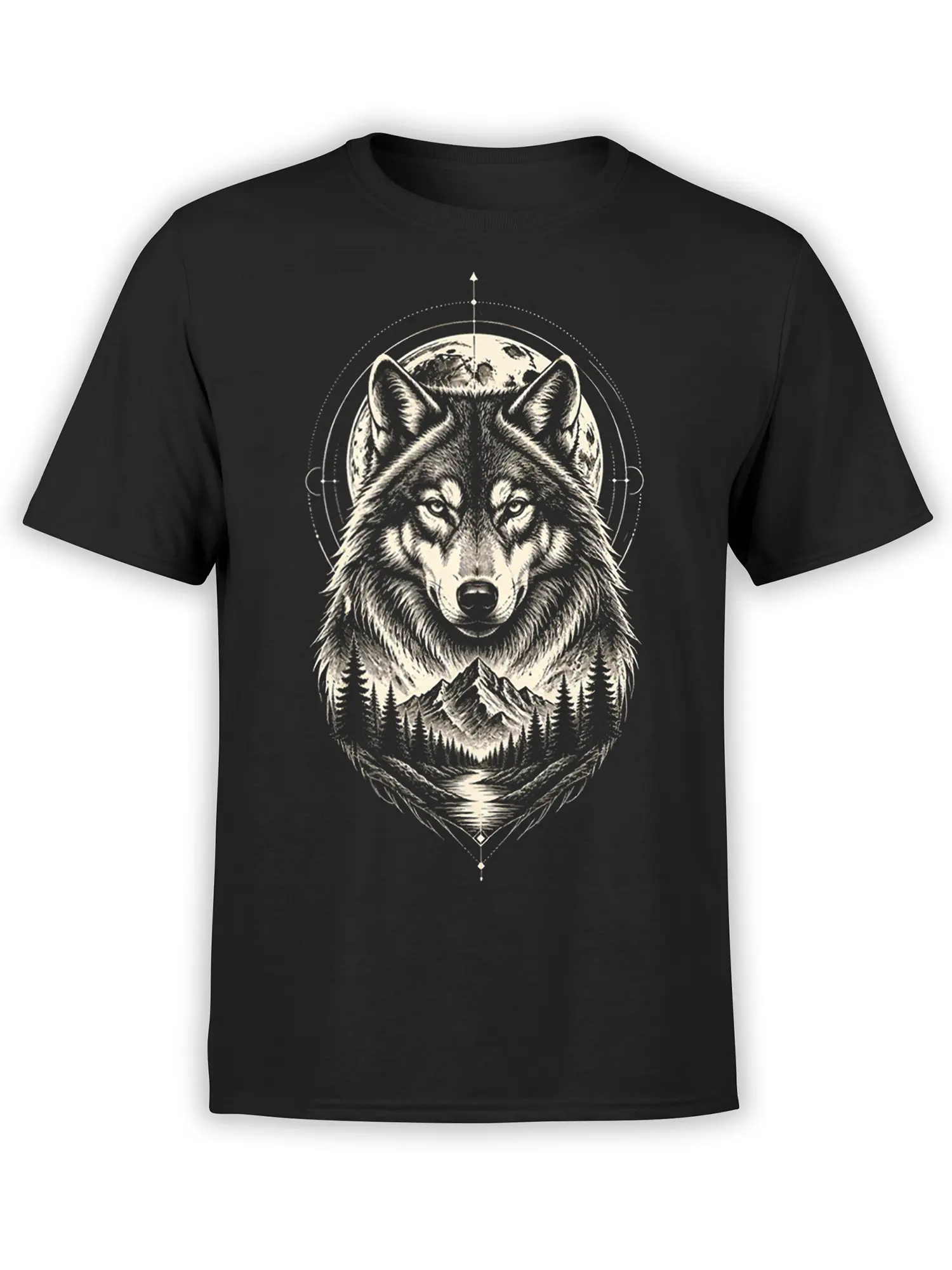 Moonlit wolf T-shirt in black with a full moon, mountain peaks, pine forest, and winding river