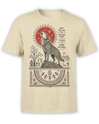 Howling wolf folk-art graphic with pack leader text and red symbols on a beige T-shirt