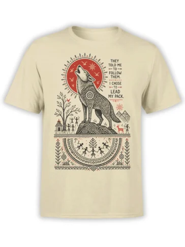 Howling wolf folk-art graphic with pack leader text and red symbols on a beige T-shirt