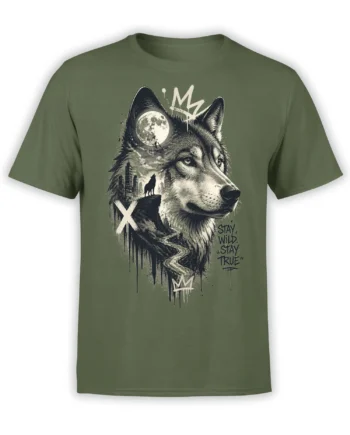 Moonlit wolf portrait and city skyline graphic on a green Stay Wild Stay True T-shirt