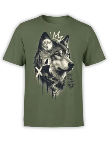 Moonlit wolf portrait and city skyline graphic on a green Stay Wild Stay True T-shirt