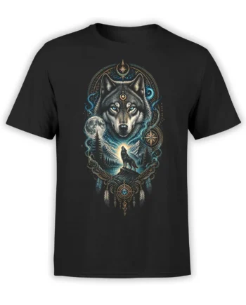 Moonlit wolf graphic with mountains, crescent moon, compass symbols, and blue details on a black T-shirt