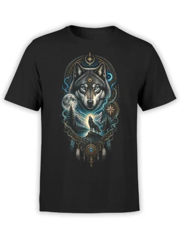 Moonlit wolf graphic with mountains, crescent moon, compass symbols, and blue details on a black T-shirt