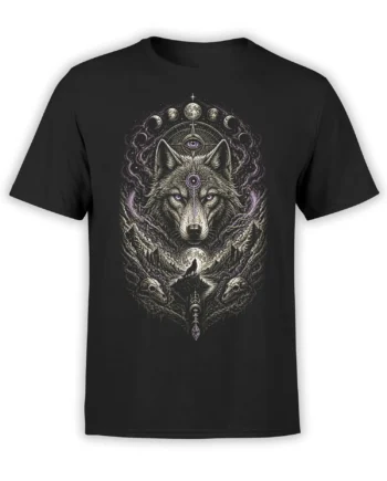 Black wolf T-shirt with purple eyes, moon phases, mountains, and a mystical celestial eye design