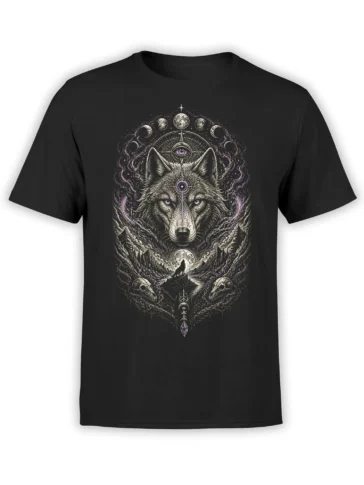 Black wolf T-shirt with purple eyes, moon phases, mountains, and a mystical celestial eye design