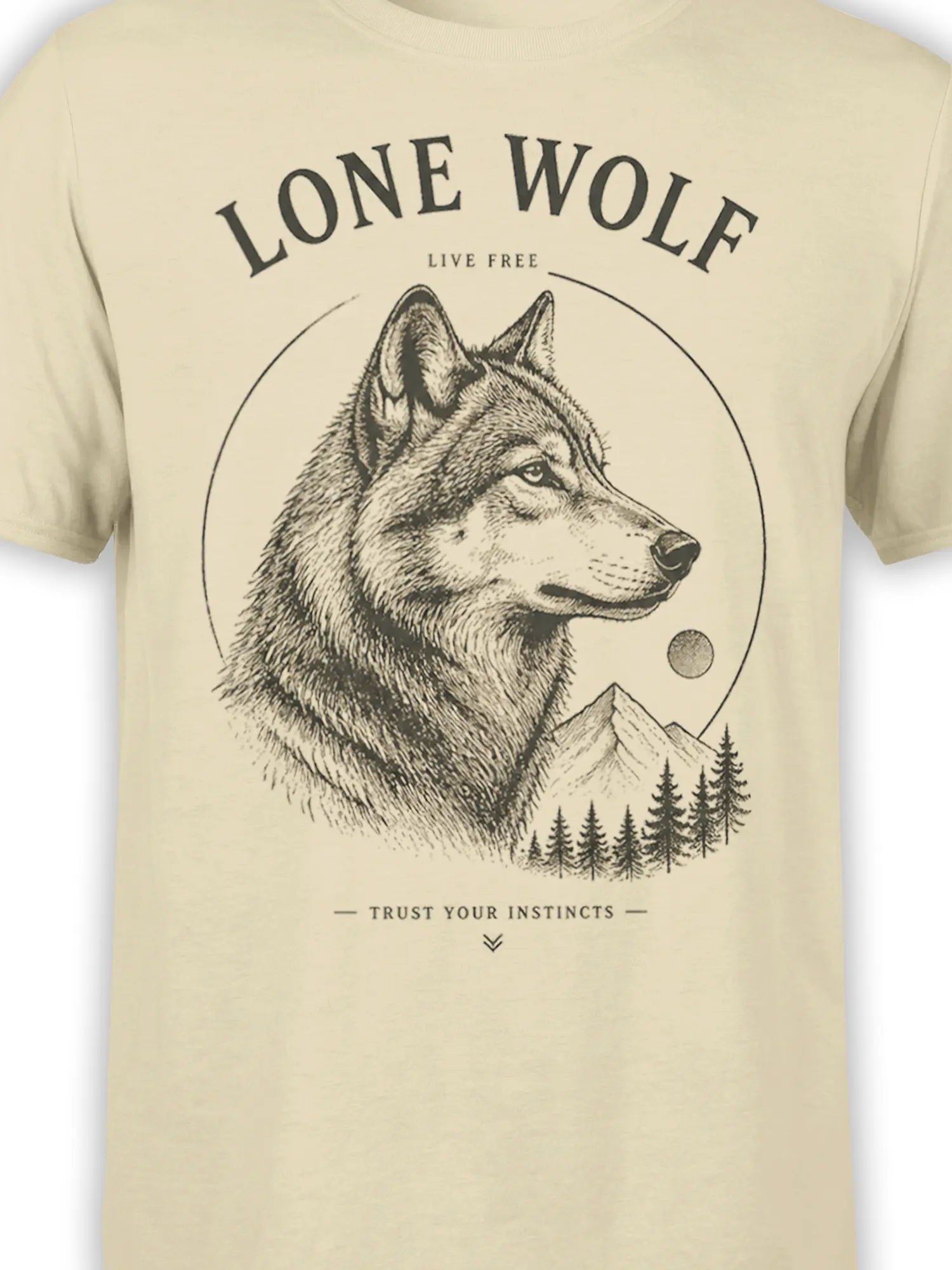 Close-up of vintage wolf artwork with mountain peaks, pine trees, and Lone Wolf lettering on beige fabric