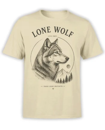 Beige wolf T-shirt with lone wolf portrait, mountain scenery, evergreen trees, and vintage lettering