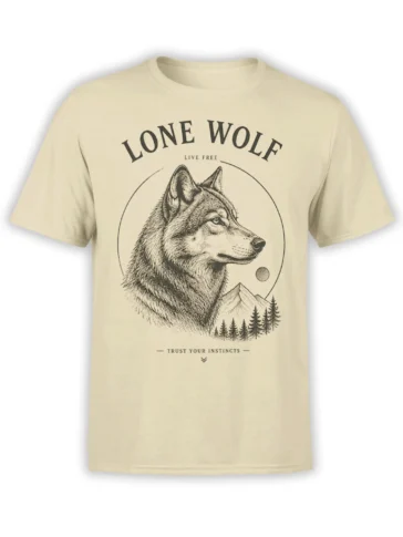 Beige wolf T-shirt with lone wolf portrait, mountain scenery, evergreen trees, and vintage lettering