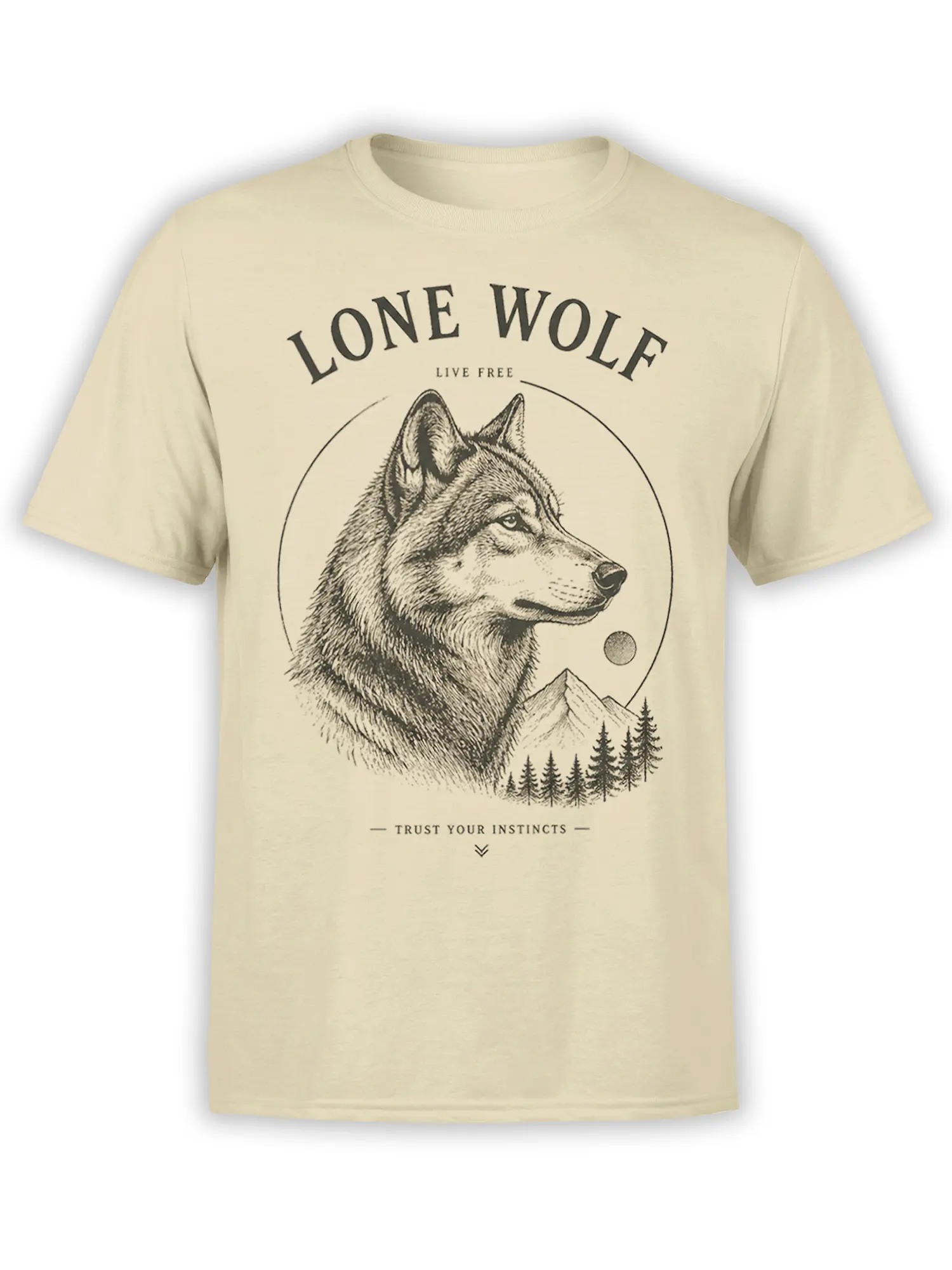 Beige wolf T-shirt with lone wolf portrait, mountain scenery, evergreen trees, and vintage lettering