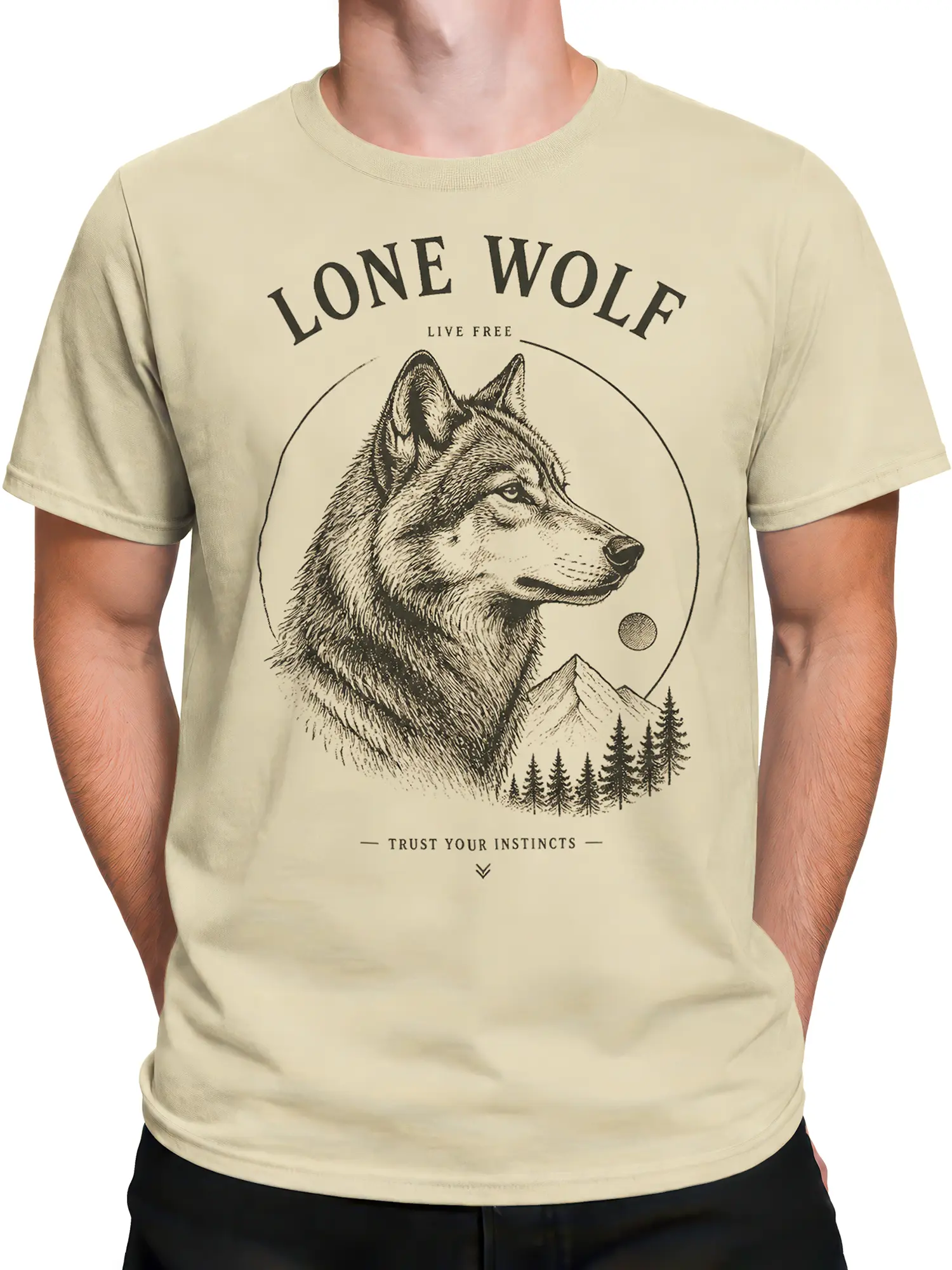 Male torso wearing a beige wolf graphic tee with Lone Wolf text and detailed forest mountain artwork