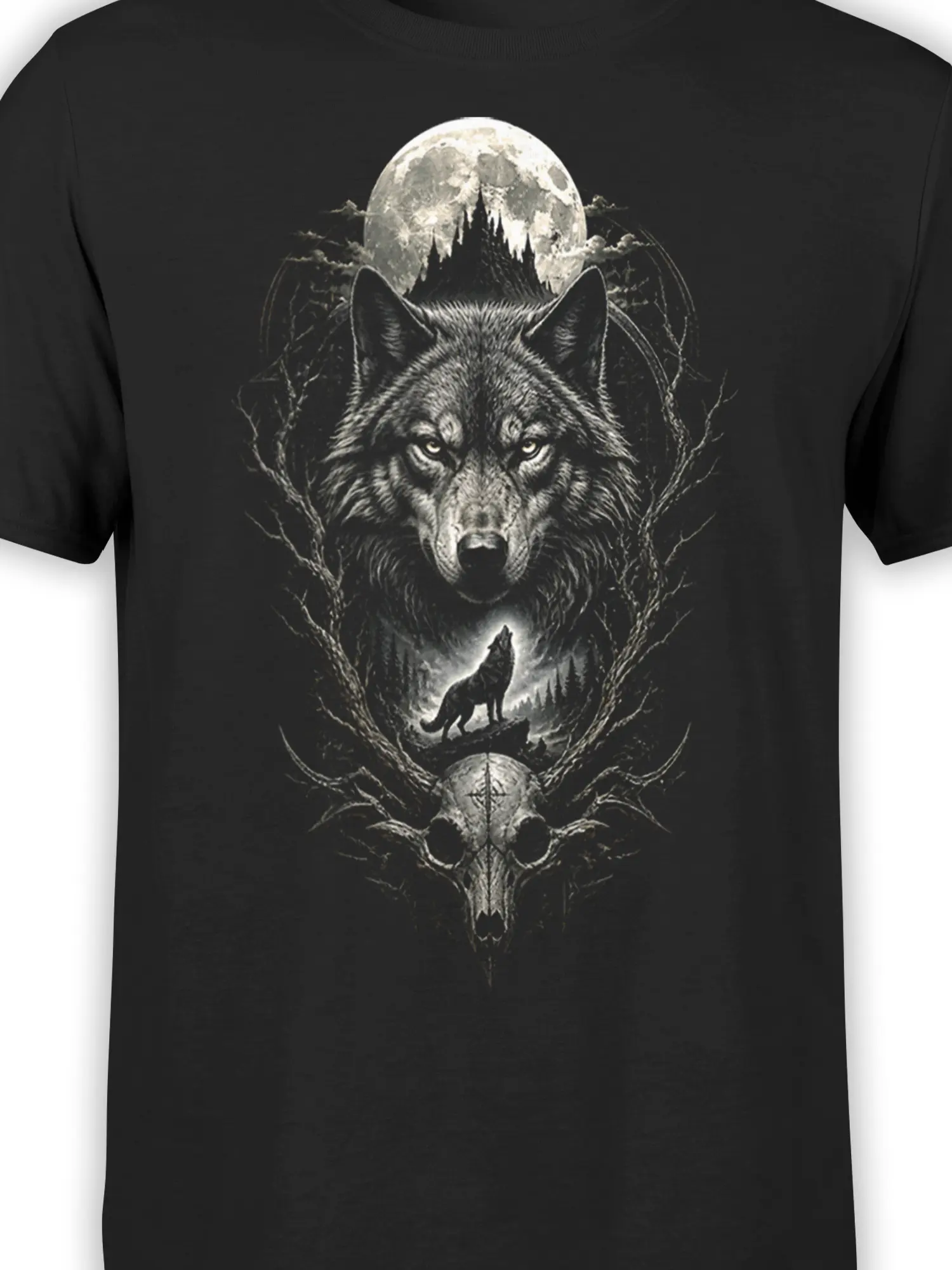 Close-up of black wolf graphic tee showing moon, forest, howling wolf, and skull details
