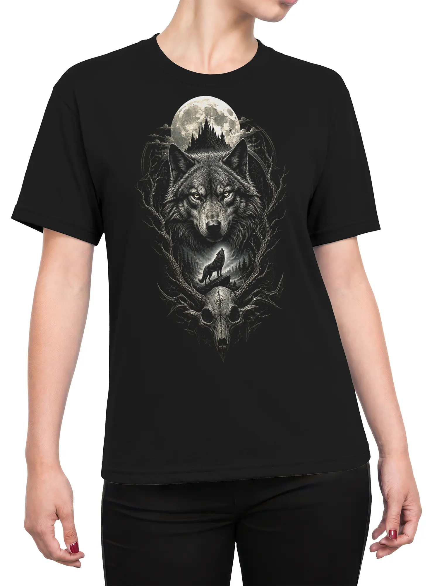Female torso wearing a black wolf t-shirt with moonlit forest and skull artwork