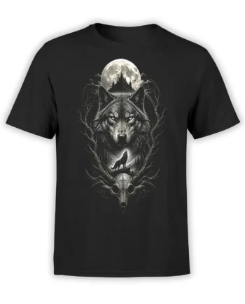 Black wolf t-shirt with a full moon, howling wolf, forest branches, and skull artwork