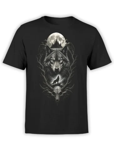 Black wolf t-shirt with a full moon, howling wolf, forest branches, and skull artwork
