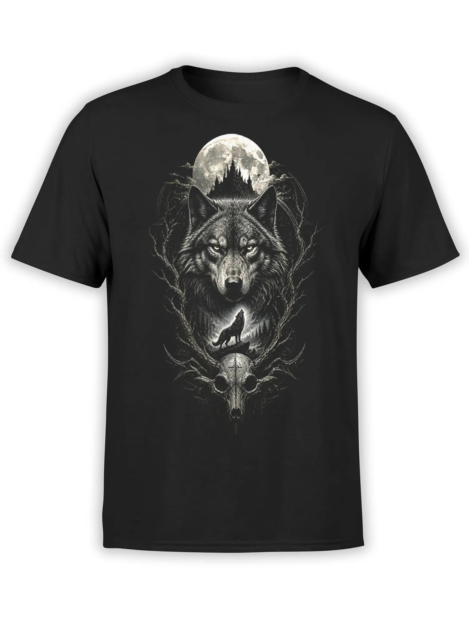 Black wolf t-shirt with a full moon, howling wolf, forest branches, and skull artwork