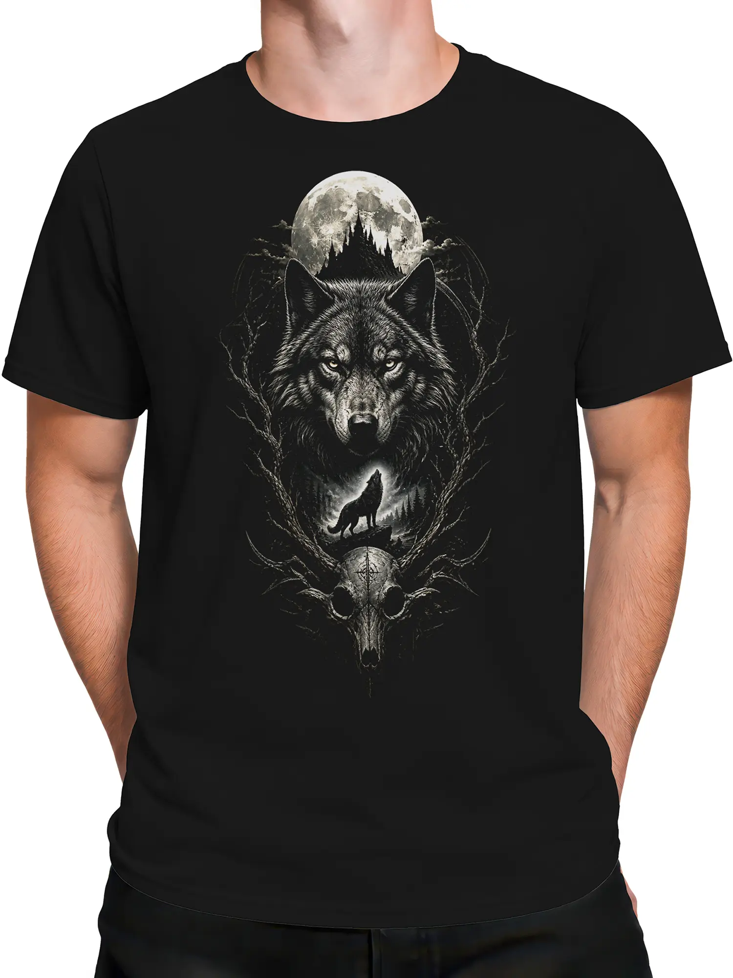 Male torso wearing a black wolf graphic tee with full moon and skull design