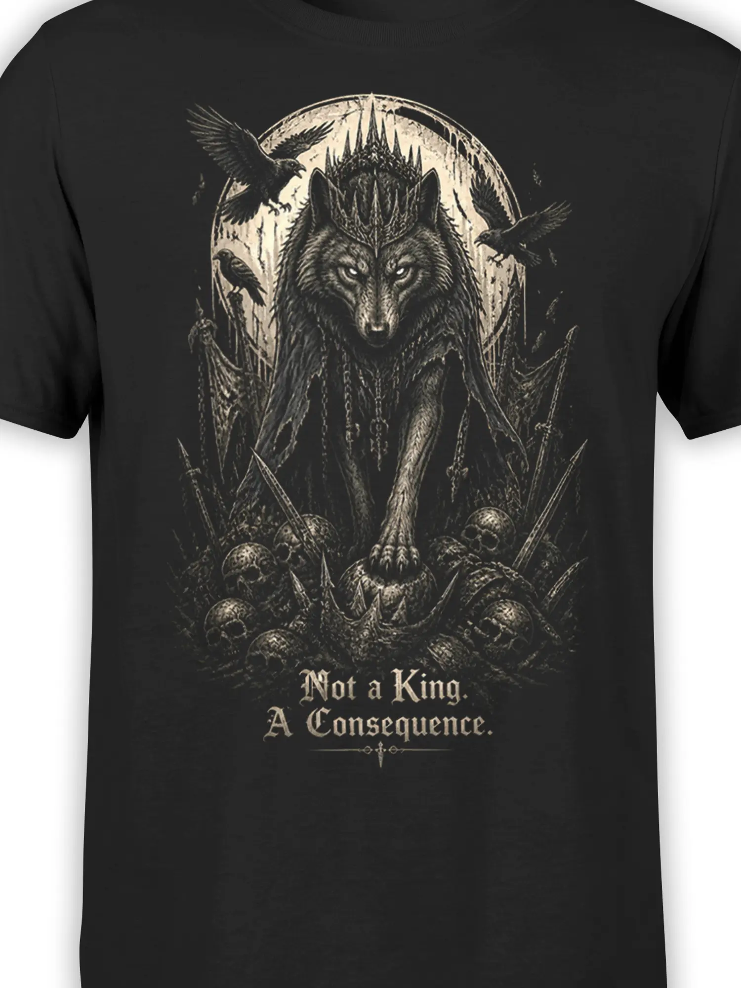 Close-up of crowned wolf artwork with ravens, skulls, swords, and consequence quote on a black T-shirt