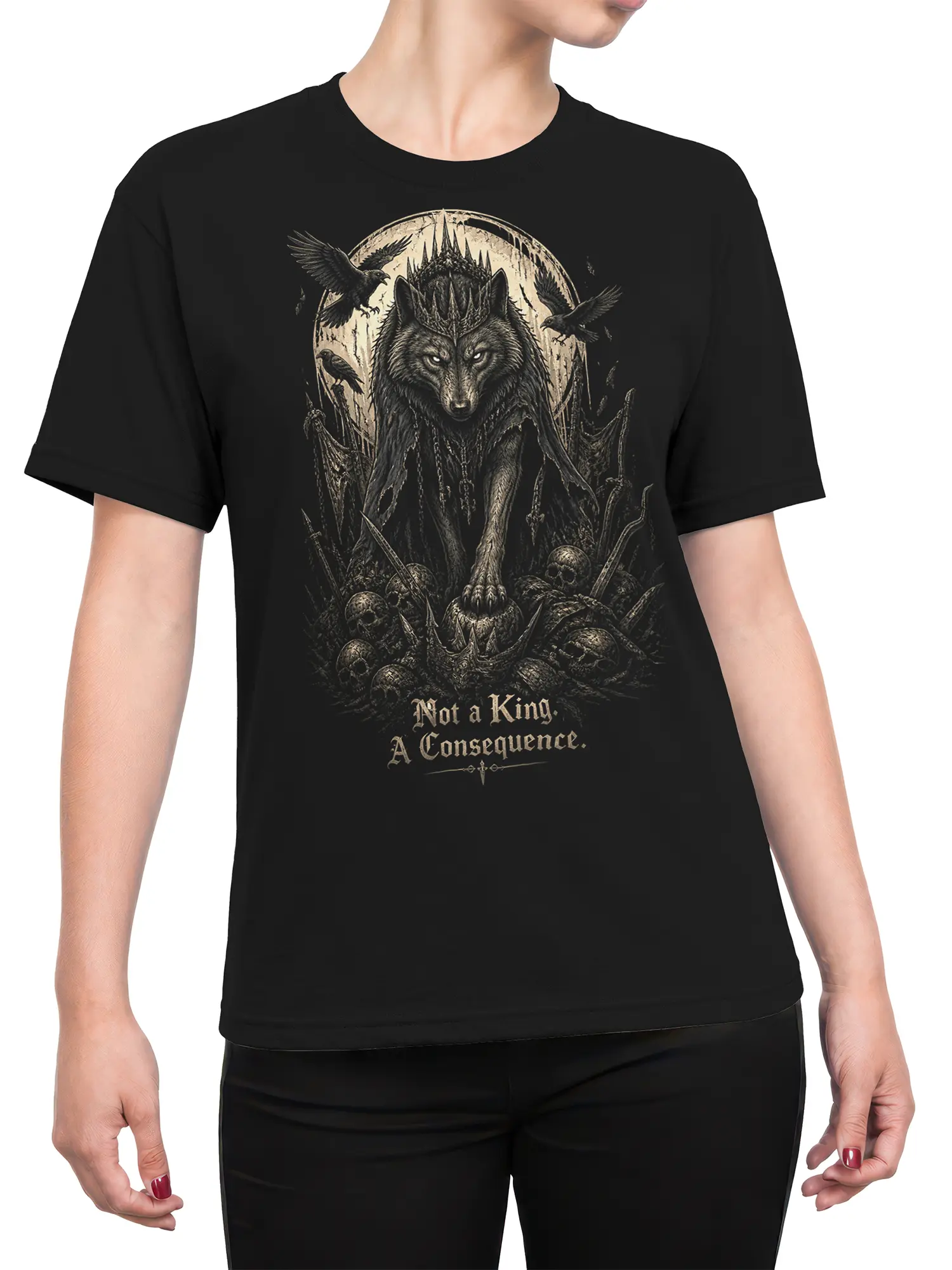 Female torso wearing a black crowned wolf T-shirt with ravens, skulls, swords, and gothic lettering