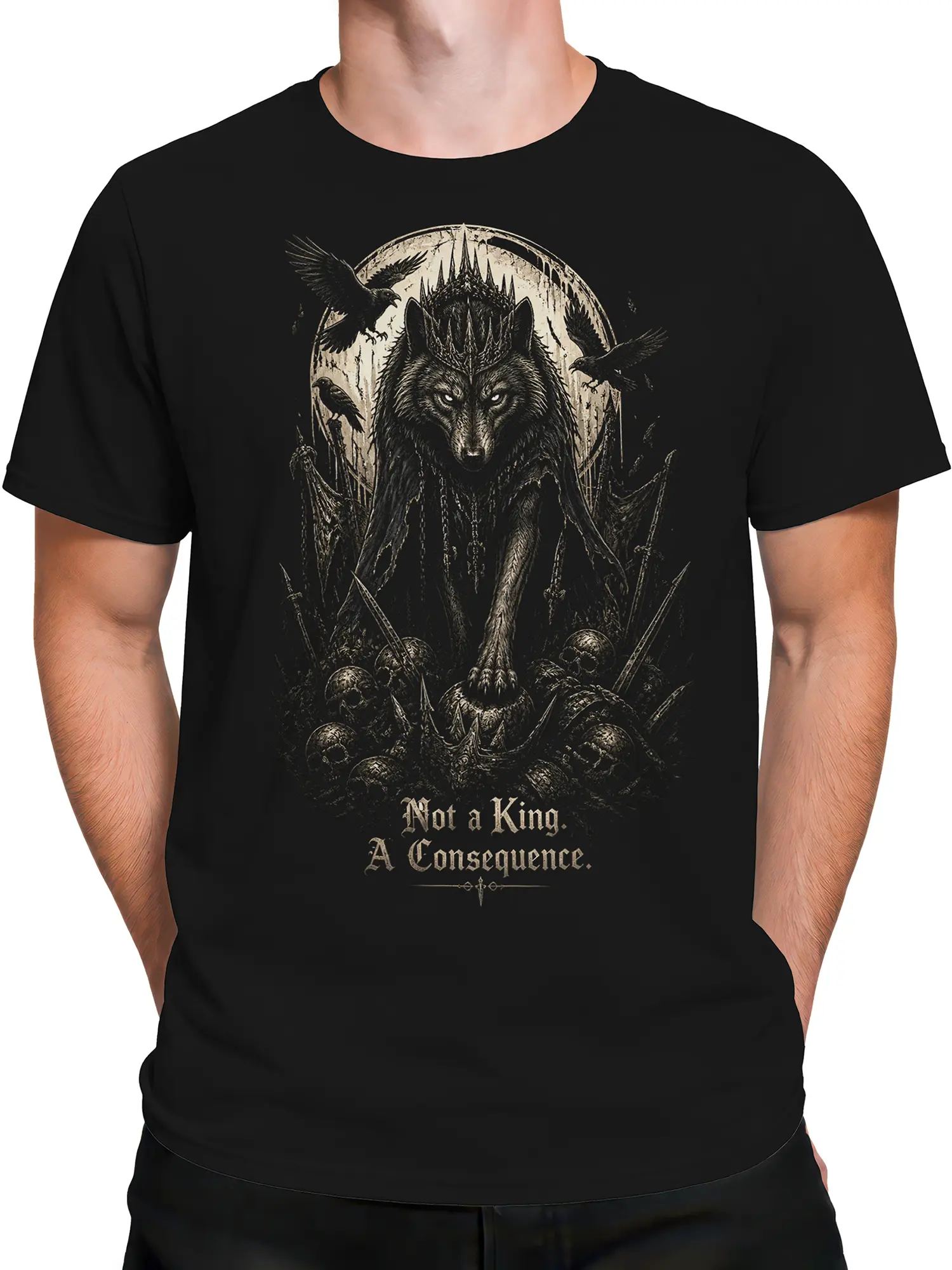 Male torso wearing a black crowned wolf T-shirt with ravens, skulls, swords, and gothic lettering
