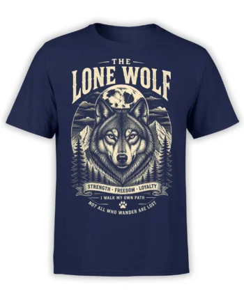 Navy lone wolf T-shirt with moonlit mountains, evergreen trees, and strength, freedom, and loyalty lettering