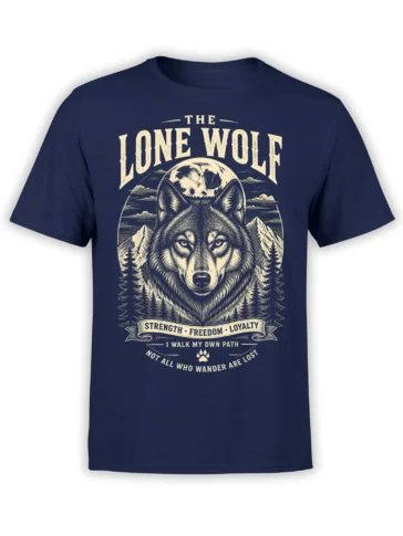 Navy lone wolf T-shirt with moonlit mountains, evergreen trees, and strength, freedom, and loyalty lettering