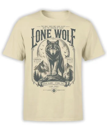 Beige lone wolf T-shirt with vintage mountain artwork, bold lettering, and a wilderness-inspired design
