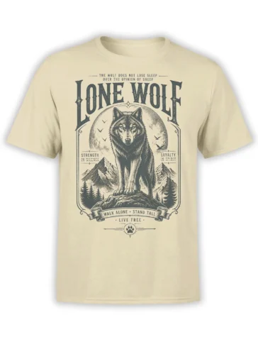 Beige lone wolf T-shirt with vintage mountain artwork, bold lettering, and a wilderness-inspired design