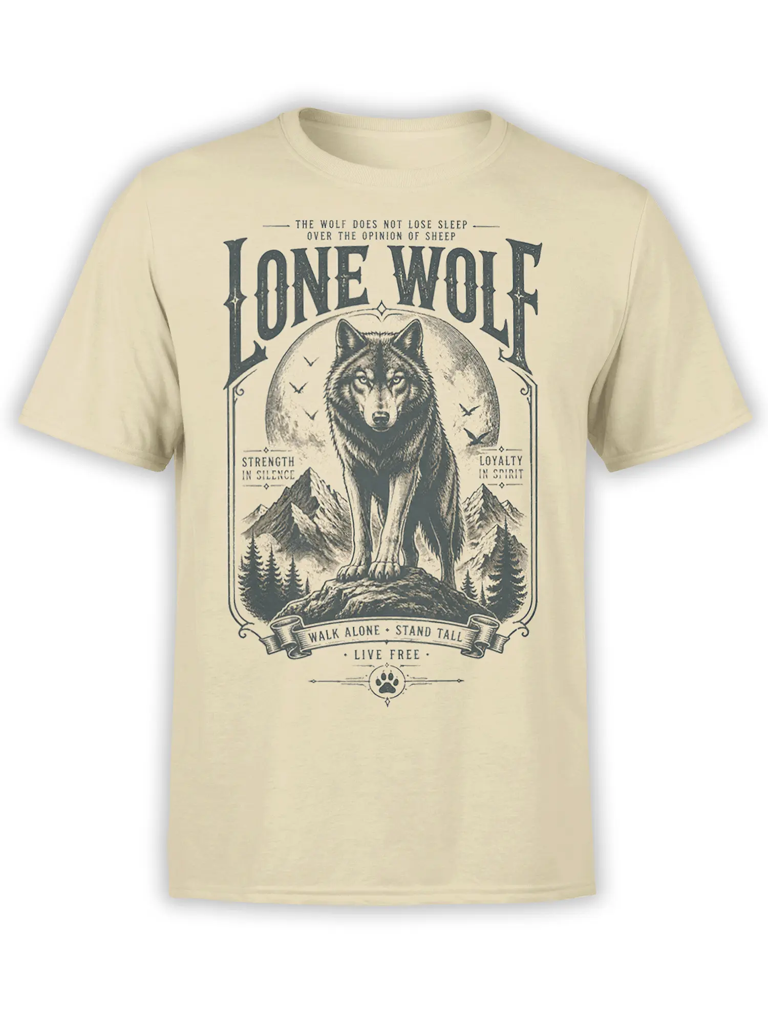 Beige lone wolf T-shirt with vintage mountain artwork, bold lettering, and a wilderness-inspired design