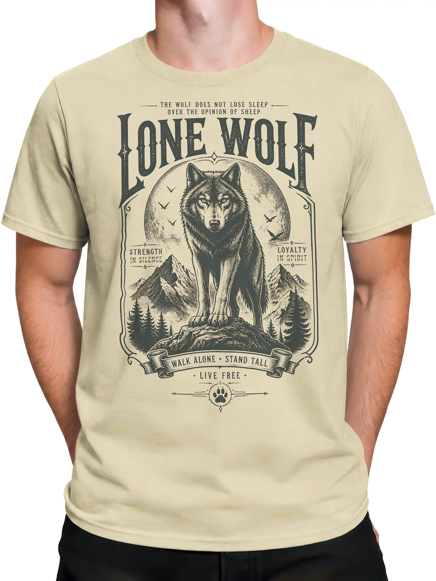 Male torso wearing a beige lone wolf T-shirt with mountain scenery and classic charcoal artwork