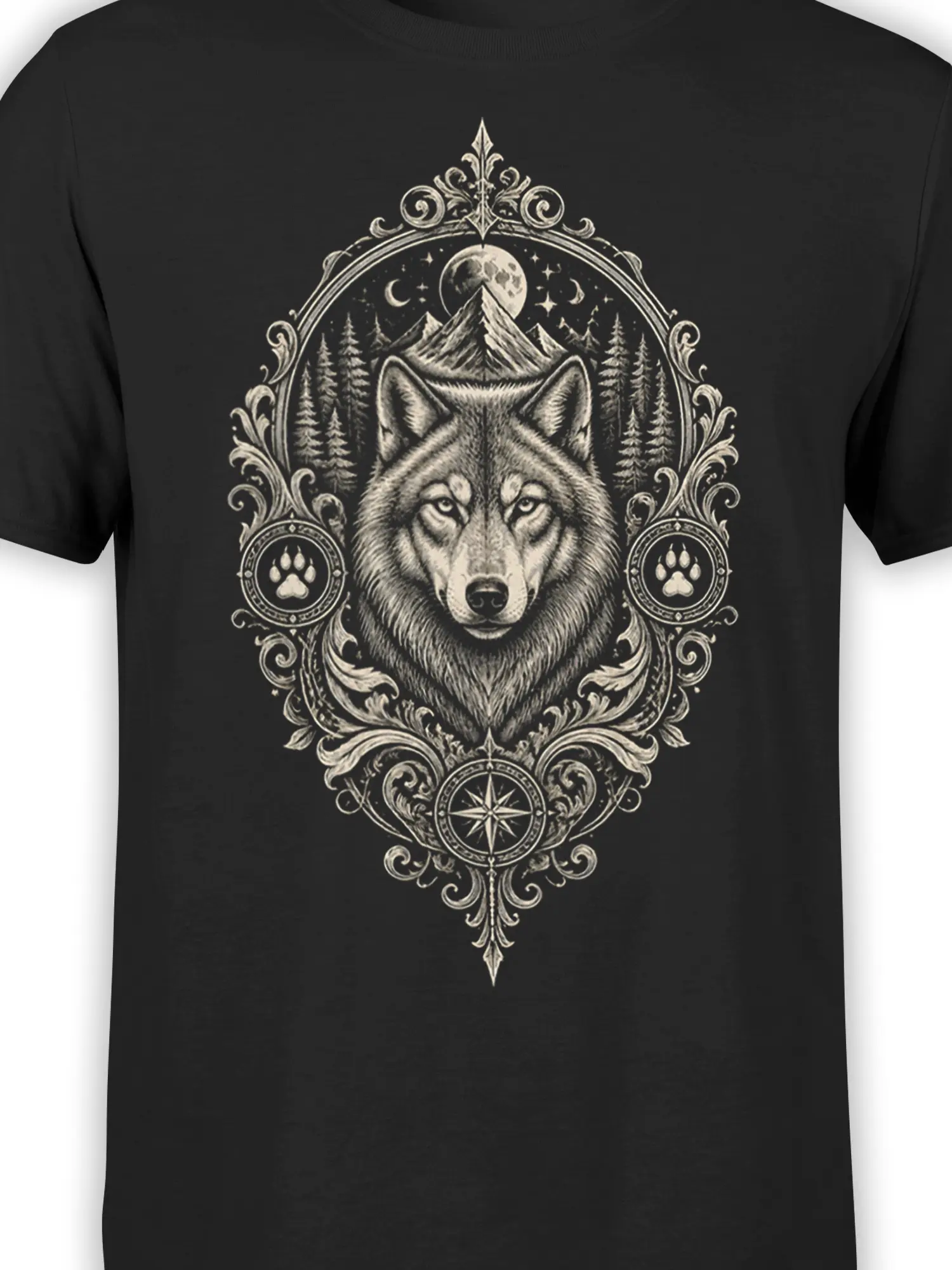 Close-up of ornate wolf artwork with moon, mountain peaks, pine trees, paws, and compass details