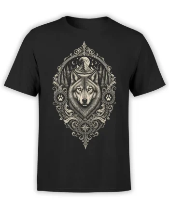 Black wolf t-shirt with ornate mountain, moon, pine forest, paw print, and compass artwork