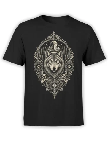 Black wolf t-shirt with ornate mountain, moon, pine forest, paw print, and compass artwork