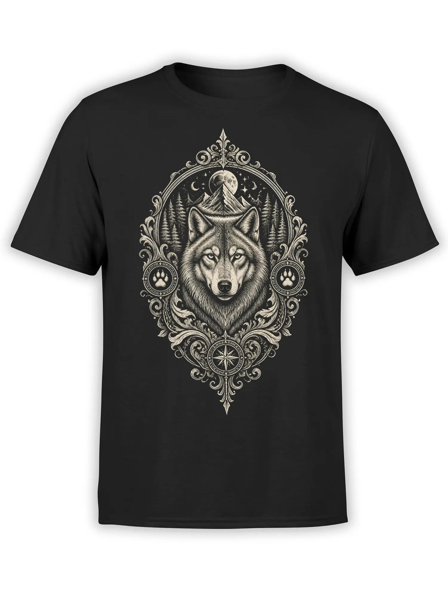 Black wolf t-shirt with ornate mountain, moon, pine forest, paw print, and compass artwork