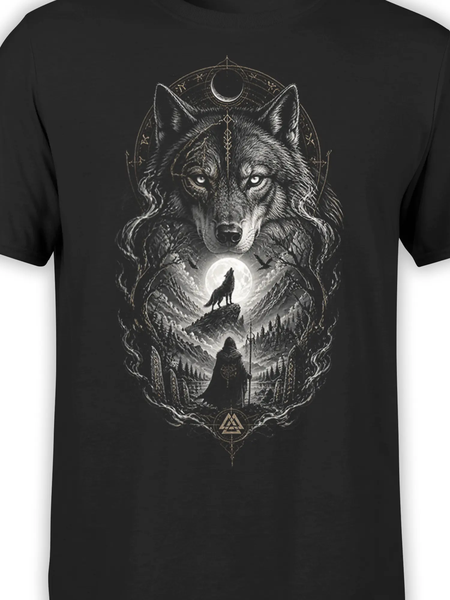 Close-up of wolf, crescent moon, mountains, and hooded figure on a black graphic T-shirt