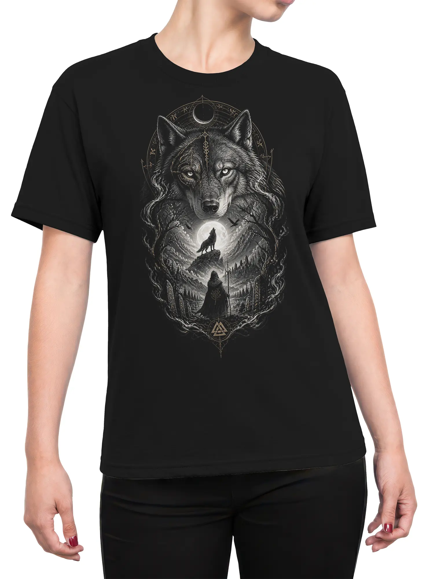 Female torso wearing a black wolf T-shirt with a moonlit mountain and hooded figure design