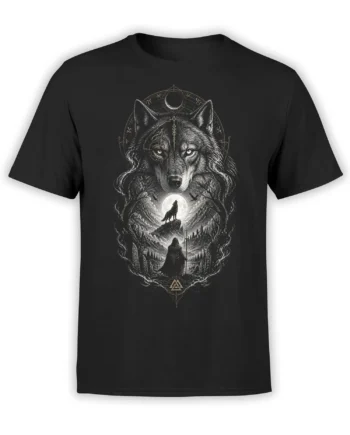 Moonlit wolf T-shirt with a crescent moon, mountain scene, and hooded figure on black fabric