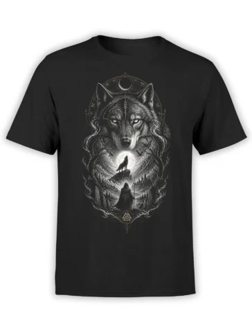 Moonlit wolf T-shirt with a crescent moon, mountain scene, and hooded figure on black fabric