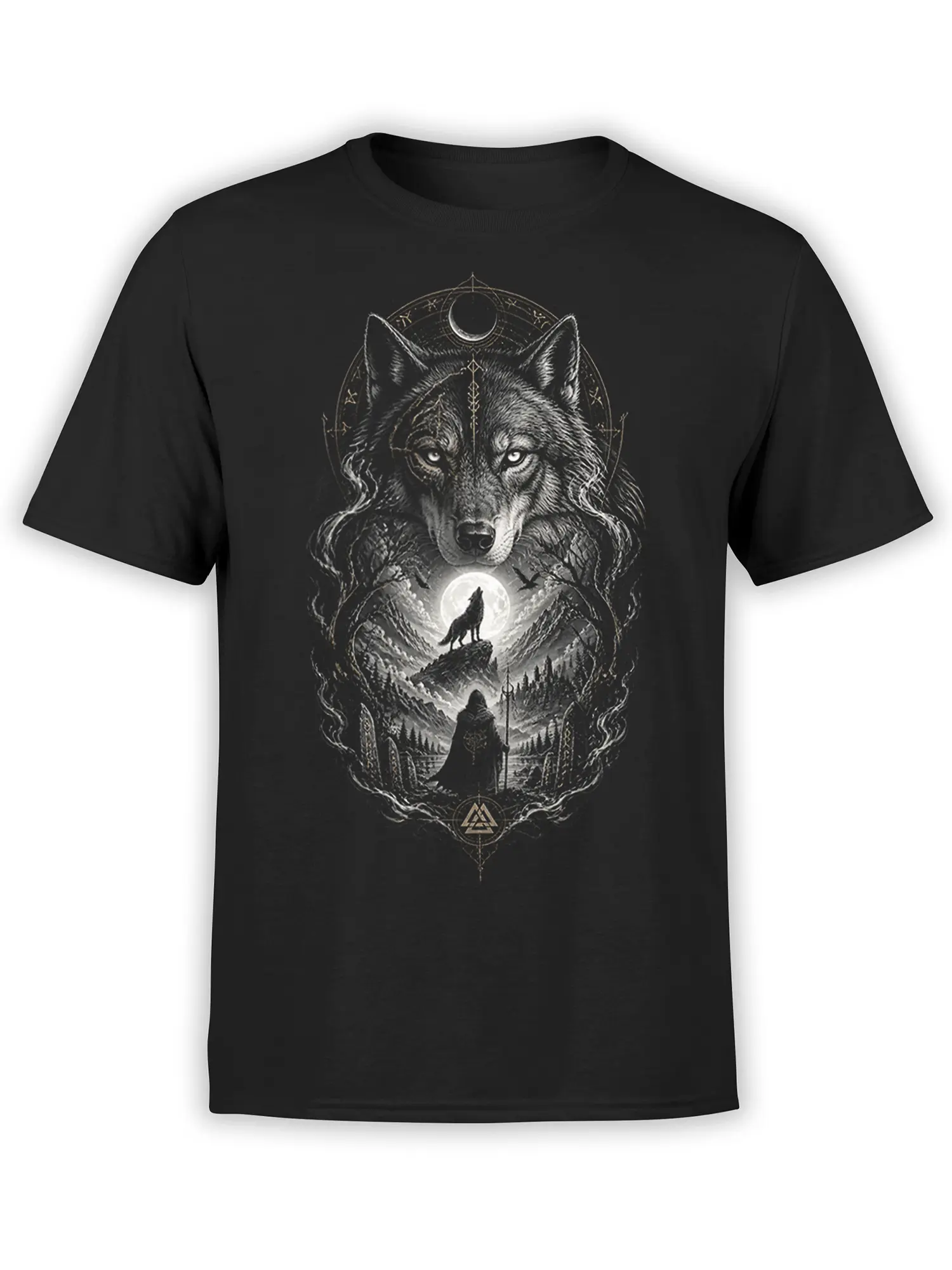 Moonlit wolf T-shirt with a crescent moon, mountain scene, and hooded figure on black fabric
