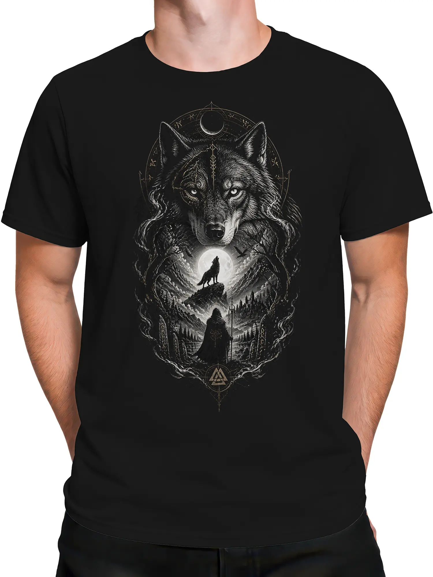 Male torso wearing a black wolf T-shirt with crescent moon and fantasy mountain artwork