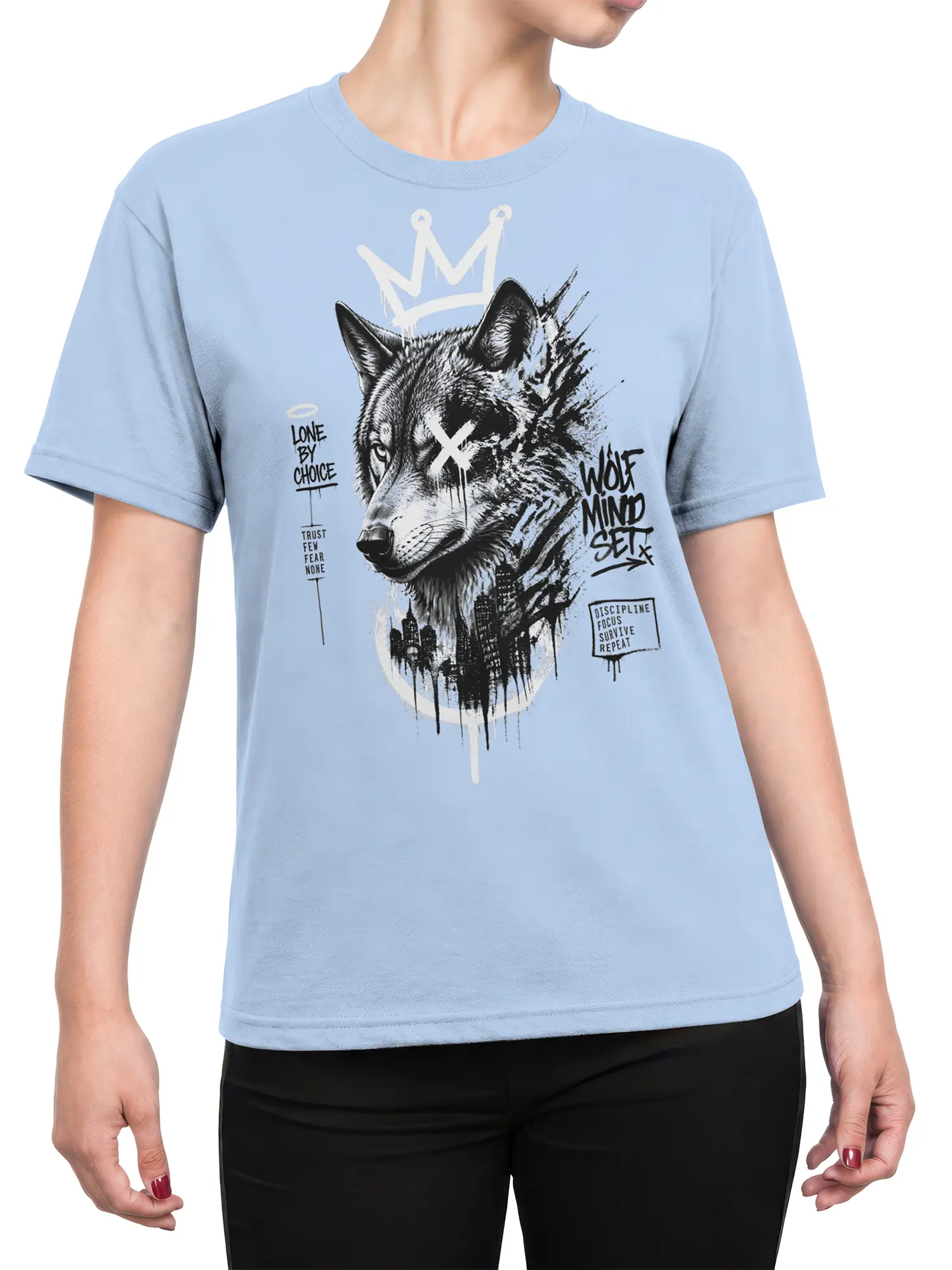 Female torso wearing a light blue T-shirt with a crowned wolf graphic and lone-wolf message