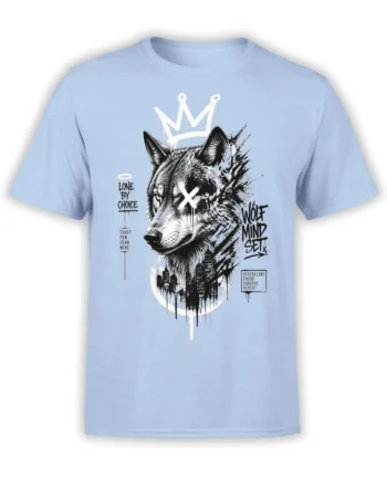 Gritty crowned wolf graphic with lone-wolf text on a light blue T-shirt