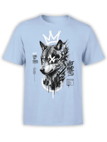 Gritty crowned wolf graphic with lone-wolf text on a light blue T-shirt