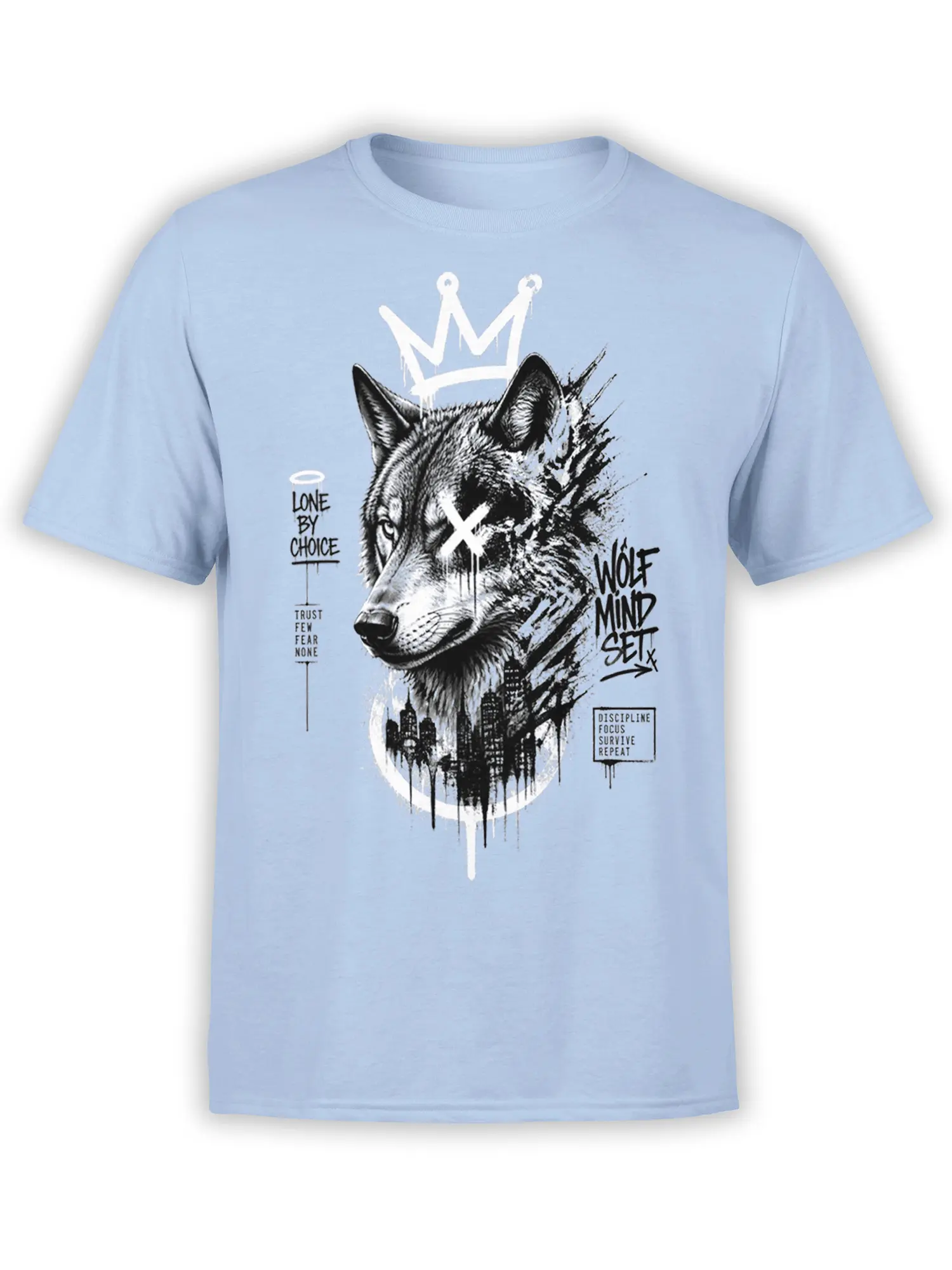 Gritty crowned wolf graphic with lone-wolf text on a light blue T-shirt