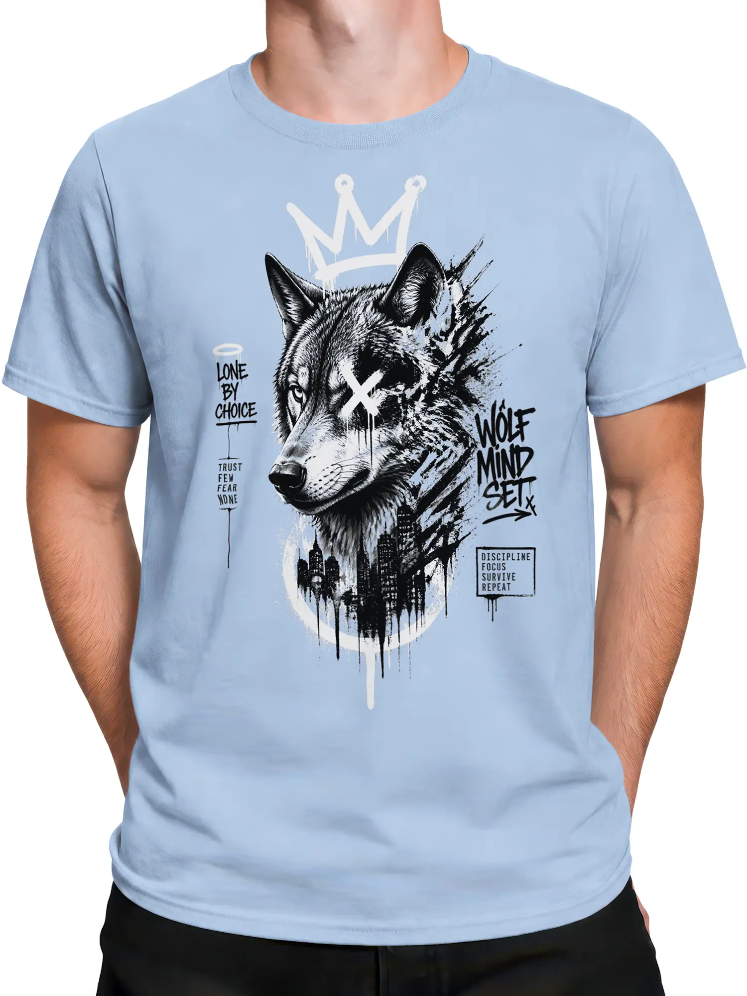 Male torso wearing a light blue crowned wolf T-shirt with gritty urban artwork
