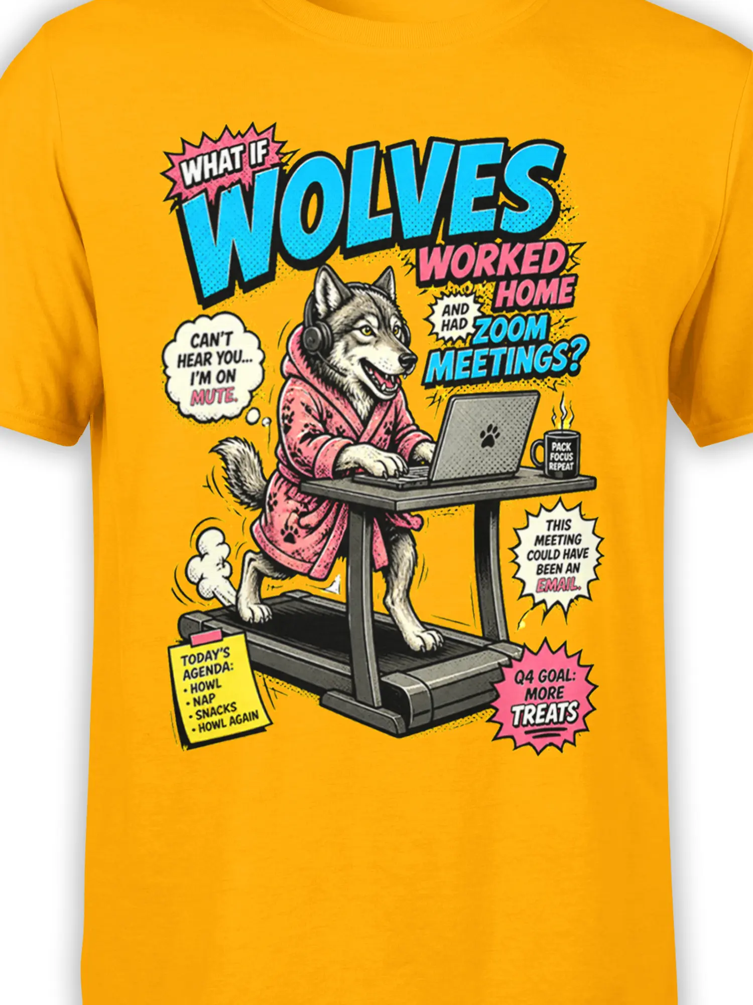 Close-up of orange wolf graphic tee showing the laptop, headset, treadmill, and remote-work comic text