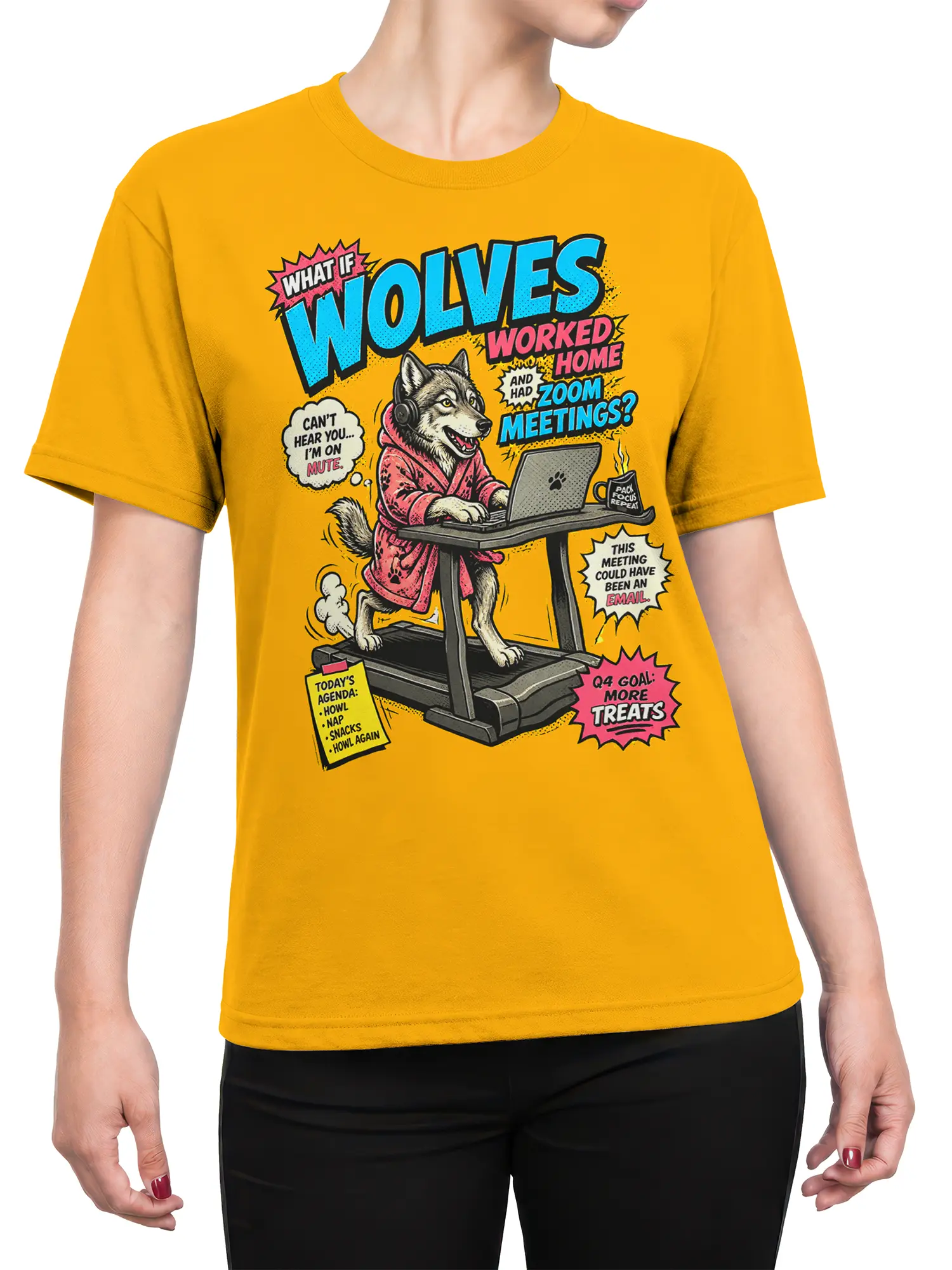 Female torso wearing an orange wolf T-shirt with a remote-work cartoon and Zoom meeting humor