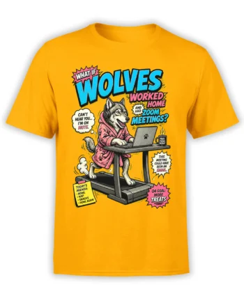 Orange wolf work from home T-shirt with headset, laptop, treadmill, and funny Zoom meeting graphics