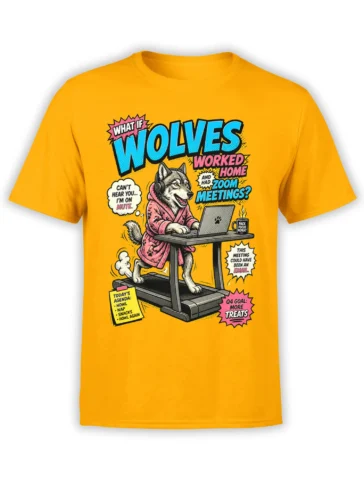 Orange wolf work from home T-shirt with headset, laptop, treadmill, and funny Zoom meeting graphics