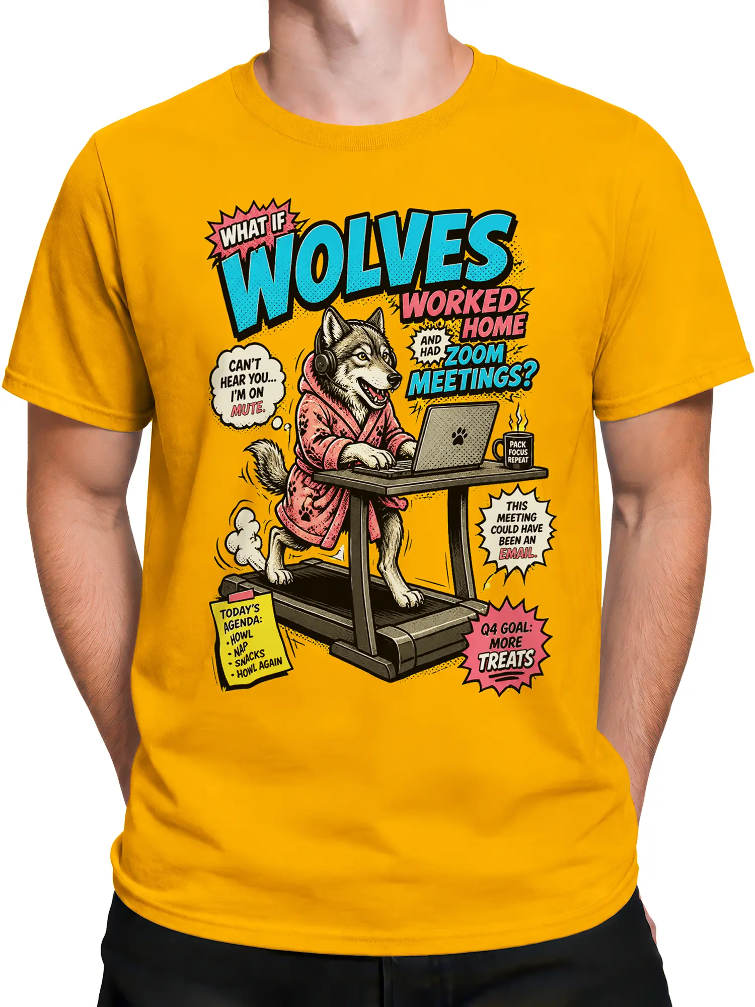 Male torso wearing an orange wolf T-shirt with laptop, treadmill, headset, and office humor artwork
