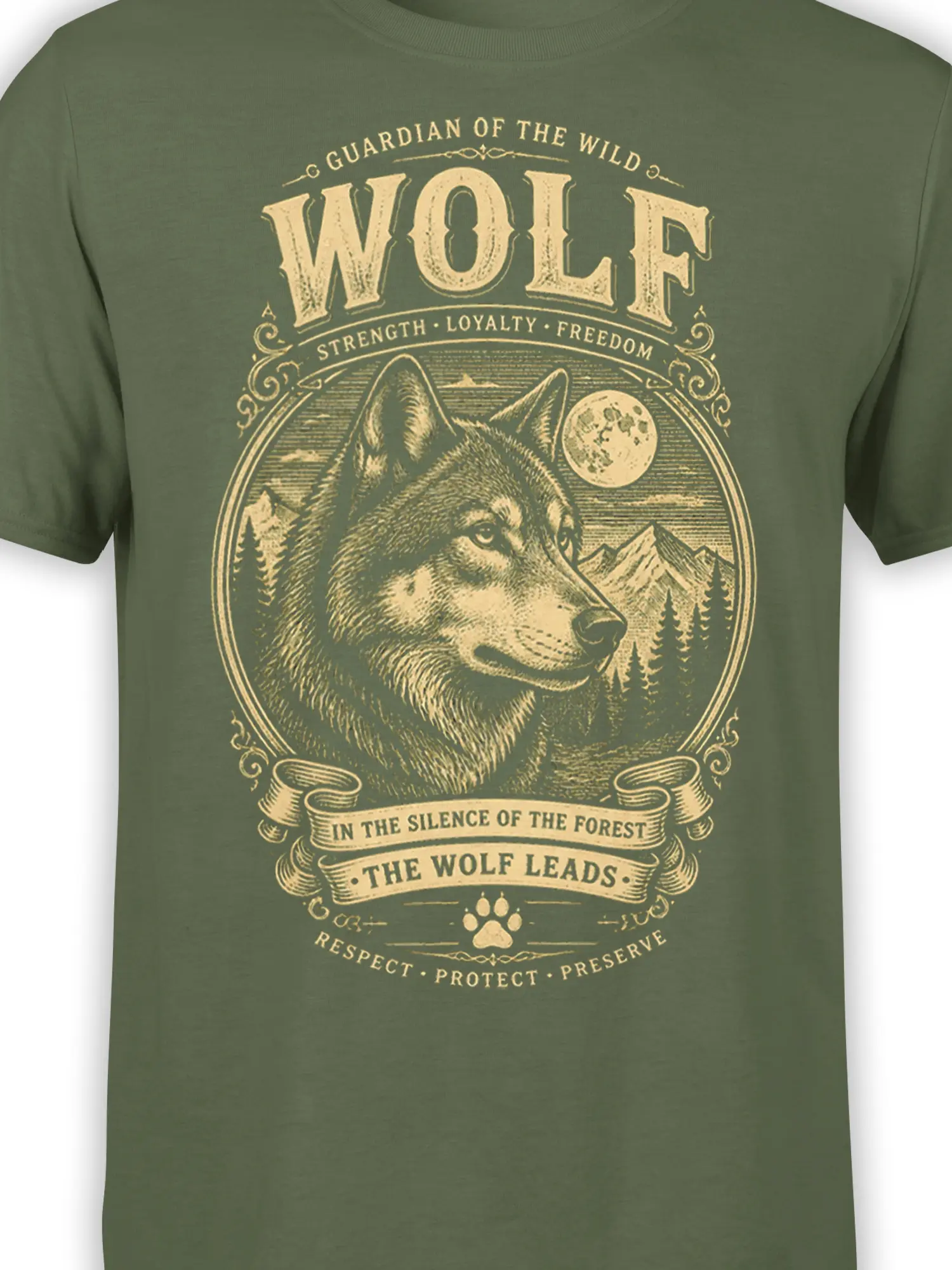 Close-up of cream wolf artwork and guardian lettering on a green wildlife graphic T-shirt